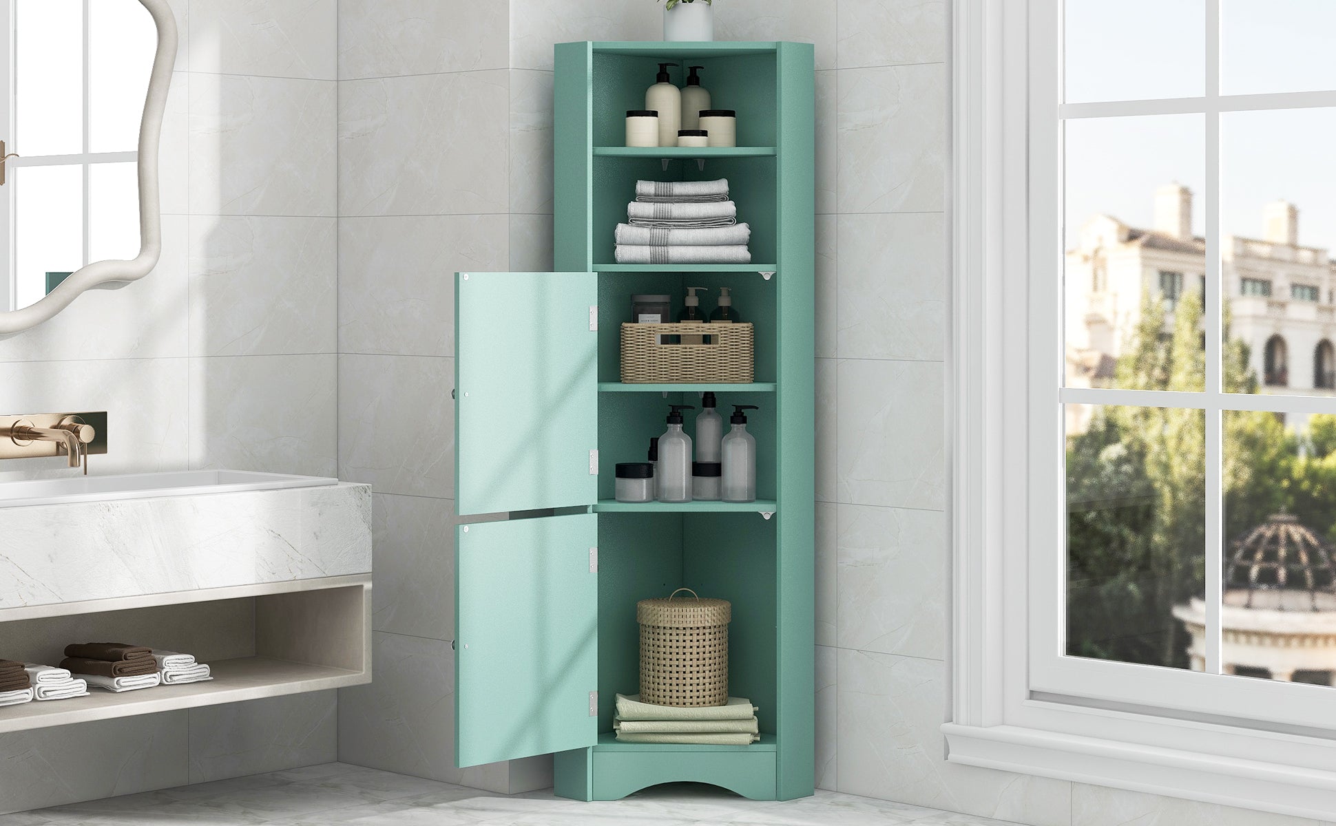 Tall Bathroom Corner Cabinet, Freestanding Storage Cabinet With Doors And Adjustable Shelves, Mdf Board, Green Green Mdf