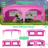 10'X20' Pop Up Canopy Tent With 6 Sidewalls, Ez Pop Up Outdoor Canopy For Parties, Waterproof Commercial Tent With 3 Adjustable Heights, Carry Bag, 6 Sand Bags, 6 Ropes And 12 Stakes, Pink Pink Metal