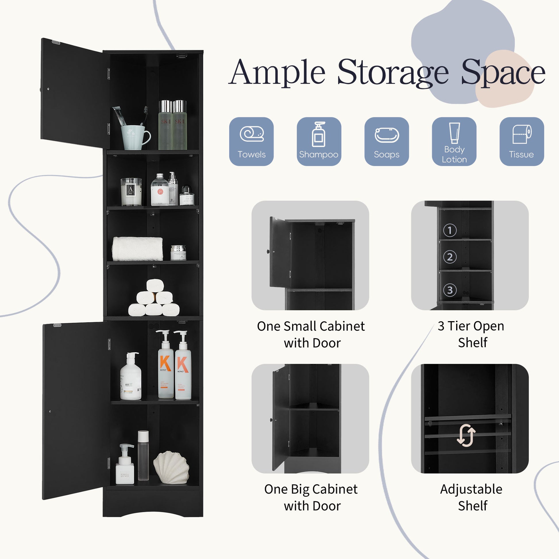 Multi Functional Corner Cabinet Tall Bathroom Storage Cabinet With Two Doors And Adjustable Shelves, Open Shelf, Black Black Mdf