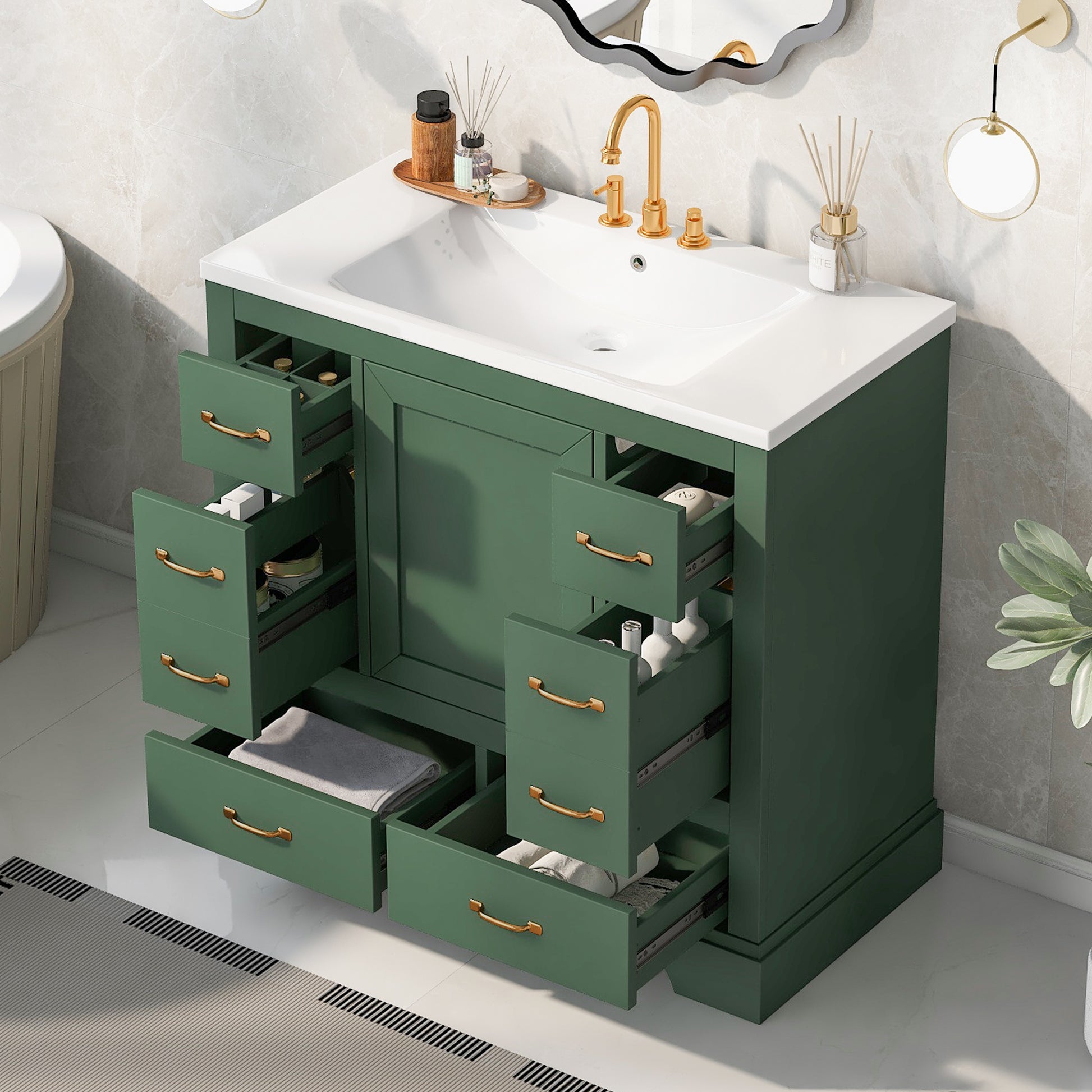 36" Bathroom Vanity With Sink Combo, Six Drawers, Multi Functional Drawer Divider, Adjustable Shelf, Green Old Sku:Sy999808Aaf Green Solid Wood Mdf