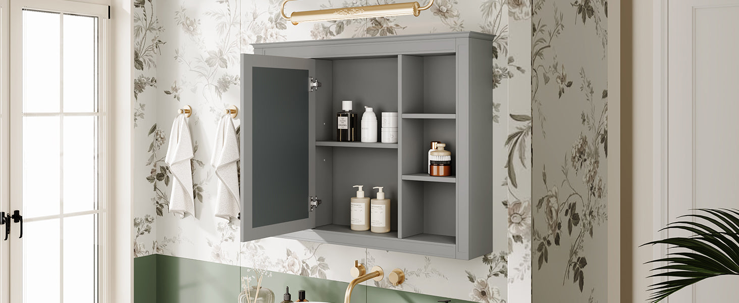 35'' X 27.5'' Medicine Cabinet, Wall Mounted Bathroom Storage Cabinet, Modern Bathroom Wall Cabinet With Mirror, Mirror Cabinet With 6 Open Shelves Not Include Bathroom Vanity Grey 1 5 Mirror Included Bathroom Wall Mounted Mdf Painted