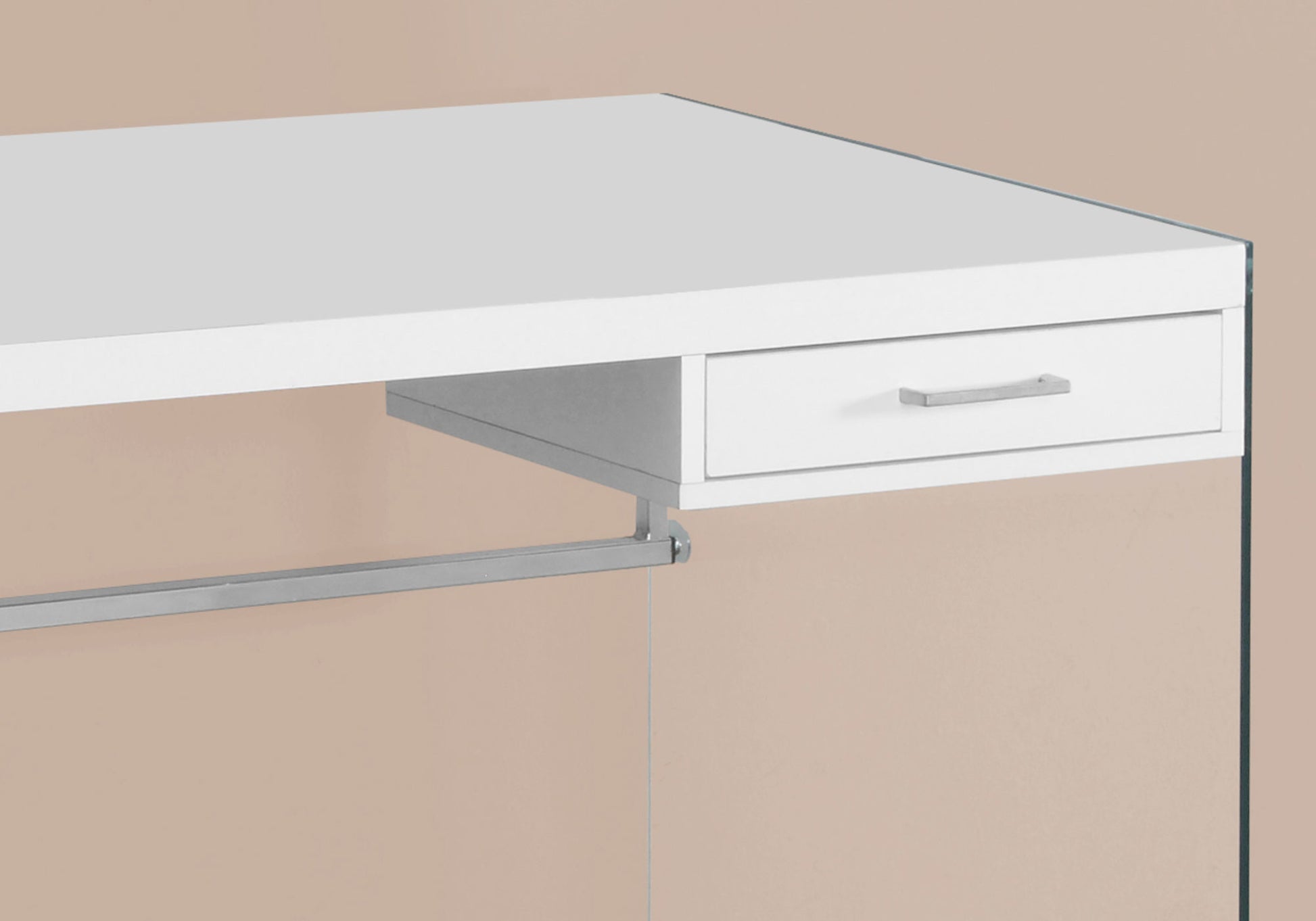 Computer Desk, Home Office, Laptop, Storage Drawers, 48"L, Work, Glossy White Laminate, Clear Tempered Glass, Contemporary, Modern White Particle Board