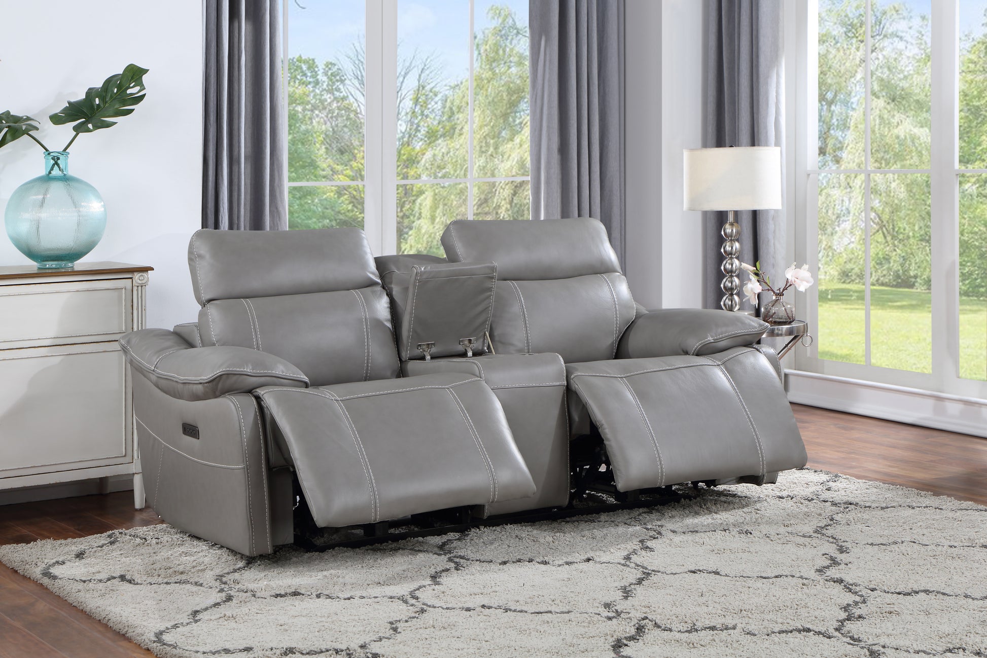 Alpine Leather Dual Power Console Loveseat Dark Gray Dark Gray Wood 2 Seat