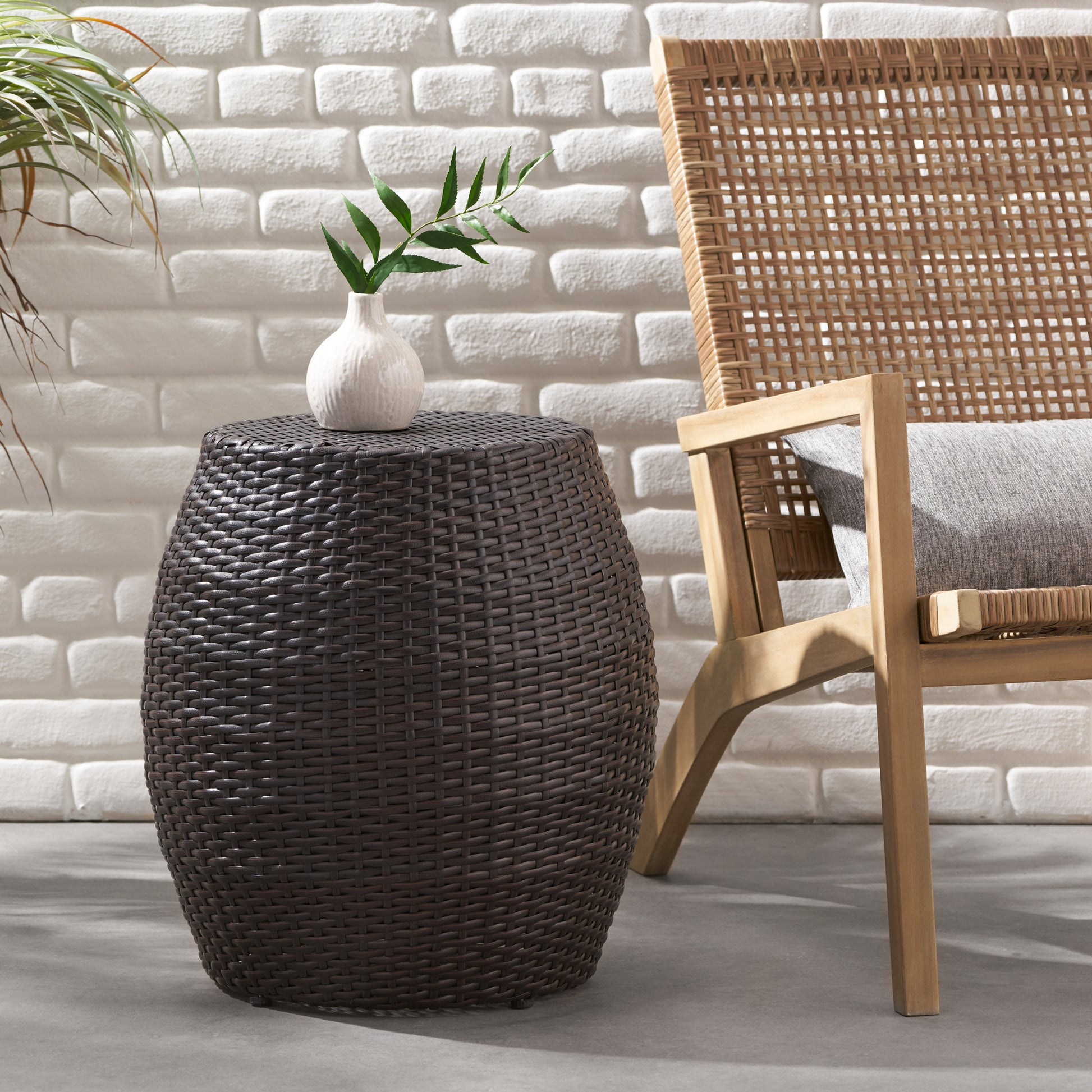 Outdoor Wicker 14.00" Patio Side Table Brown Multi Rattan