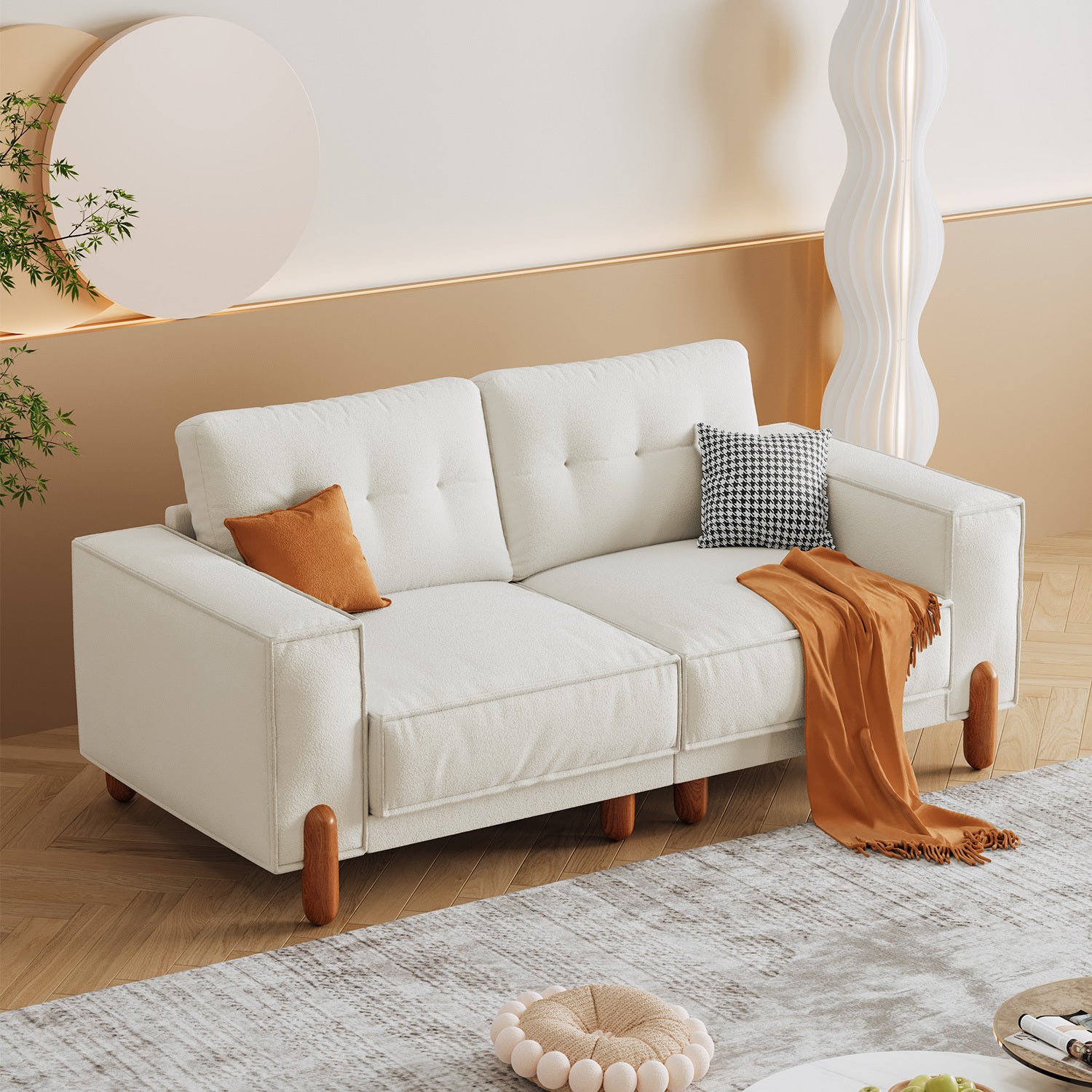 Loveseat Sofa With Deep Seat, Modern Chenille Beautiful Seat Couch For Living Room Upholstered 3 Seater Small Couch For Bedroom, Apartment White Chenille