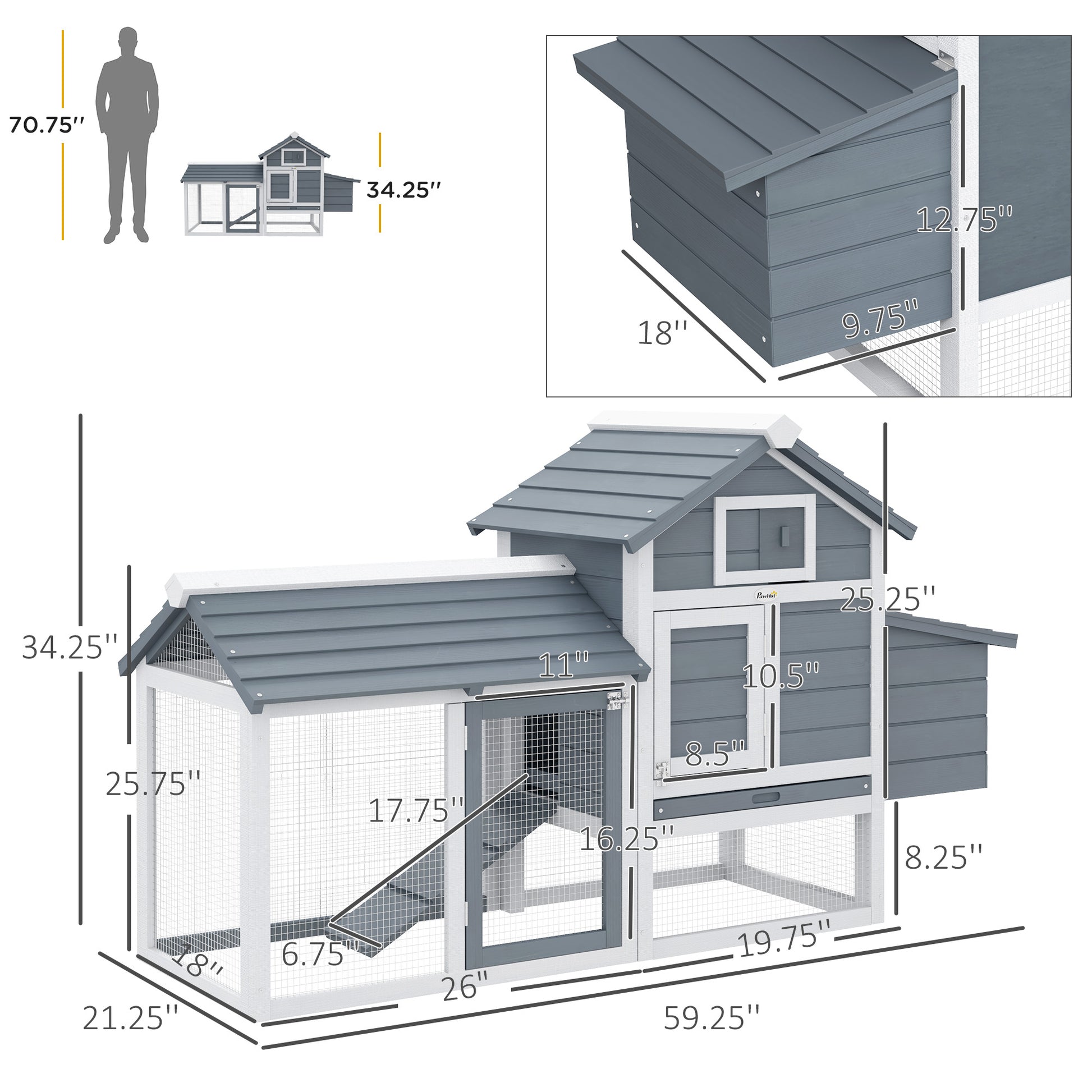 Pawhut 59" Small Wooden Chicken Coop Hen House Poultry Cage For Outdoor Backyard With 2 Doors, Nesting Box And Removable Tray, White White Wood