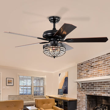 Modern Design Living Room 52 Inch Decorative Crystal Chandelier Ceiling Fan With Light Matt Black American Design,American Traditional,Antique,Classic Plywood Iron