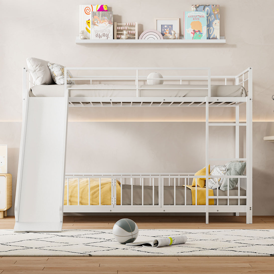 Twin Over Twin Size Metal Bunk Bed With Slide And Guardrails, White Twin White Metal