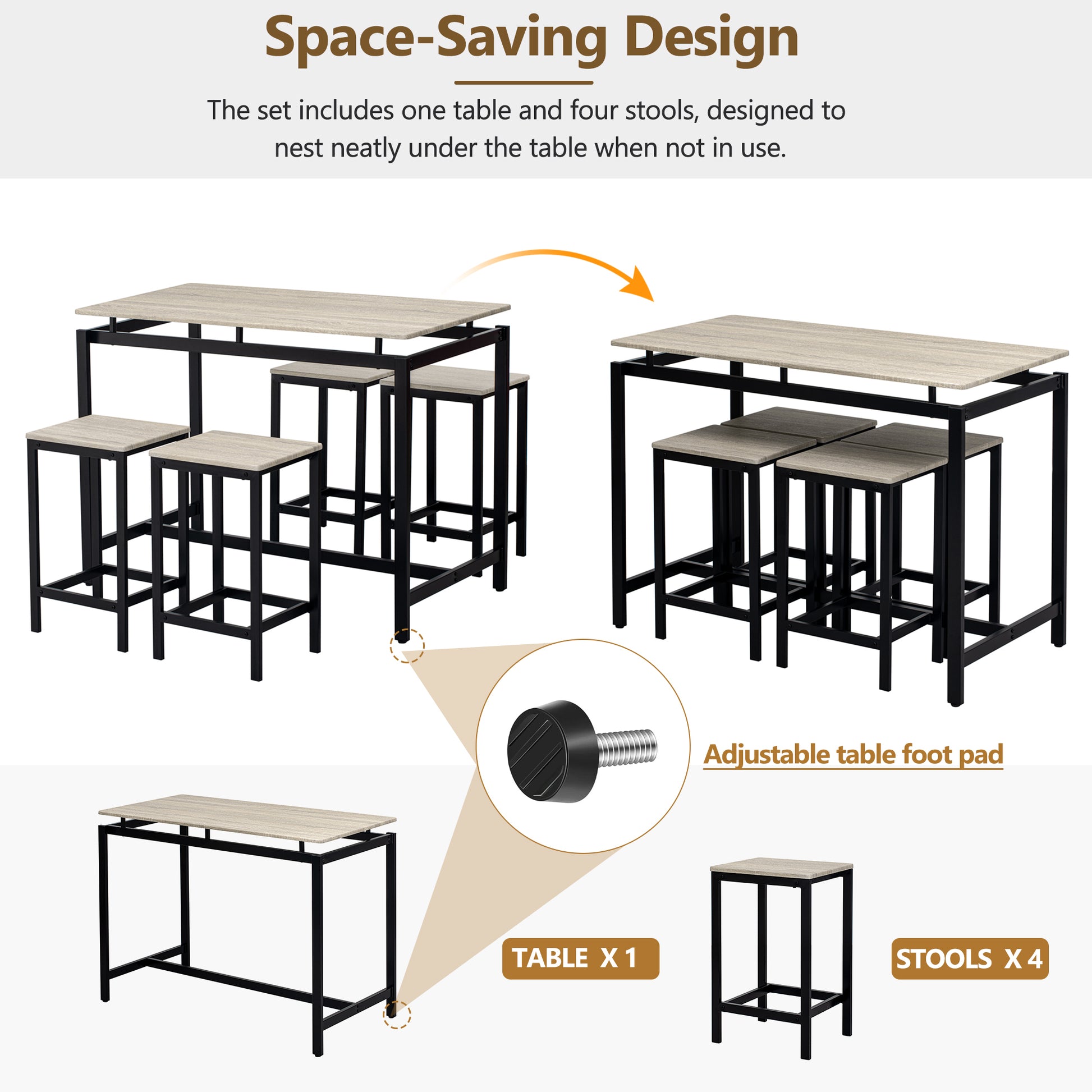 5 Piece Compact Bar Table Set With Table And Stools Modern Industrial Design, Space Saving Furniture For Dining Room And Breakfast Nook Oak Oak Mdf Steel