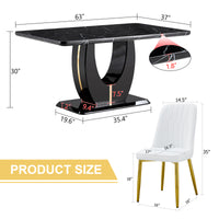 Table And Chair Set.63"W X 37"D X 30"H Black Marble Mdf Diningtable Set With 4 White Pu Chairs With Gold Metal Legs.Bring A Comfortable Home Experience To The Kitchen, Bedroom, And Office. White