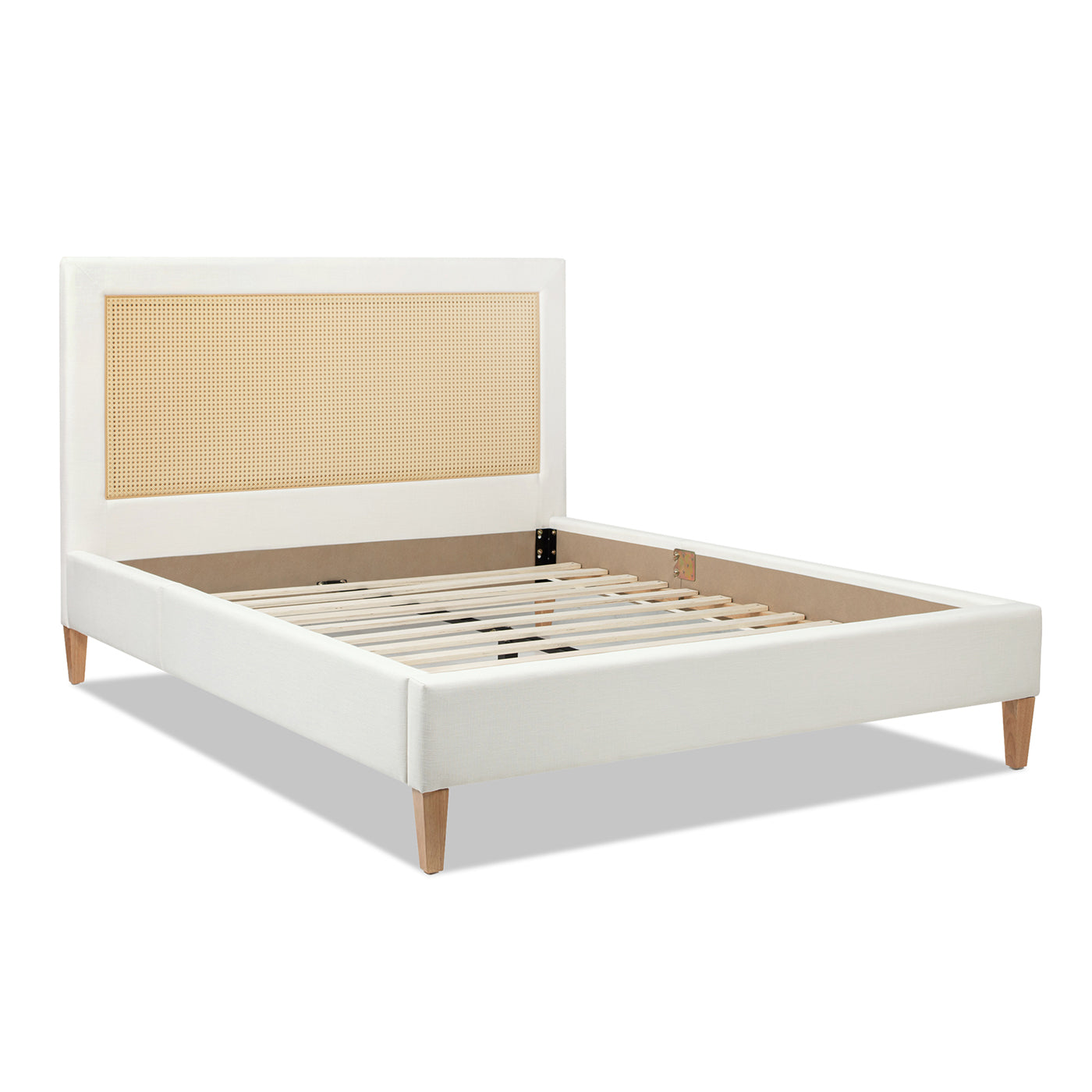 Haley Upholstered Cane Back Platform Bed, Queen, Antique White Polyester Box Spring Not Required Queen Antique White Wood Foam Polyester Polyester