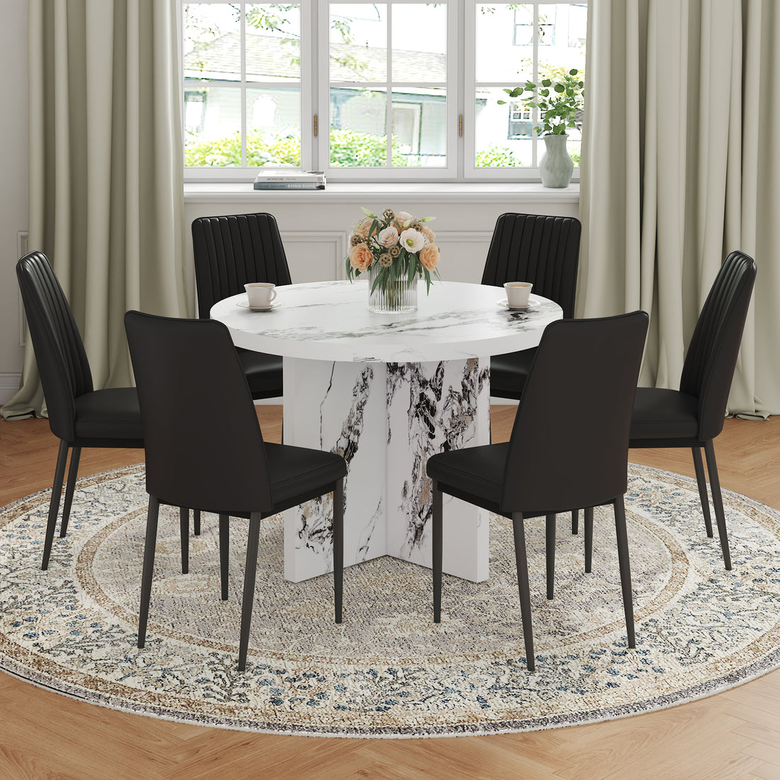 7 Piece Round Dining Table Set, 42 Inch Modern Round Table And 6 Upholstered Chairs For Dining Room, Kitchen Room, Living Room, Easy Assembly Metal White Black 42 Inches Modern Pedestal Round Mdf