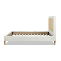 Haley Upholstered Cane Back Platform Bed, Queen, Antique White Polyester Box Spring Not Required Queen Antique White Wood Foam Polyester Polyester