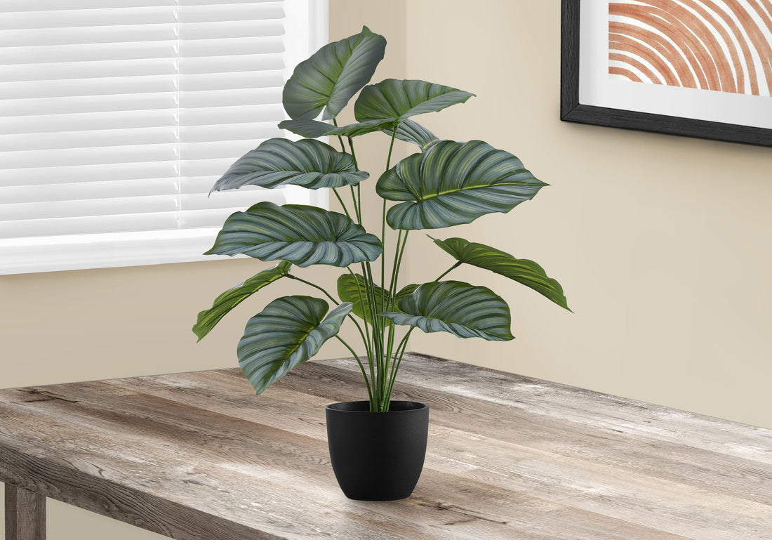 Artificial Plant, 24" Tall, Calathea, Indoor, Faux, Fake, Table, Greenery, Potted, Real Touch, Decorative, Green Leaves, Black Pot Green Foam Plastic