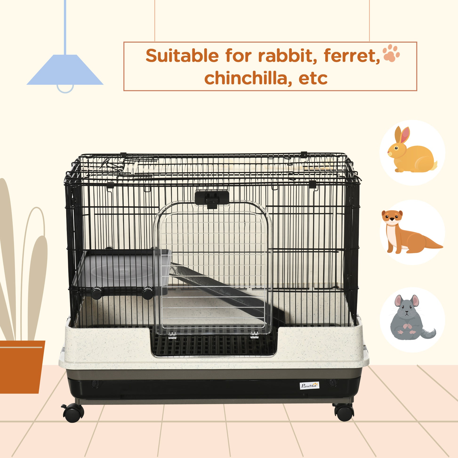 Pawhut 26" Small Animal Cage With Wheels, 2 Level Portable Bunny Cage, Chinchilla Ferret Cage With Removable Tray, Platform And Ramp White Black Iron Plastic