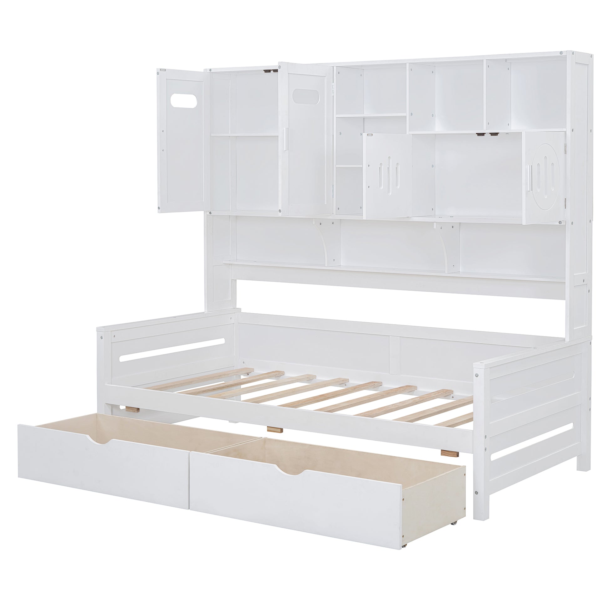 Twin Size Wooden Daybed With 2 Drawers, And All In One Cabinet And Shelf, White Twin White Wood