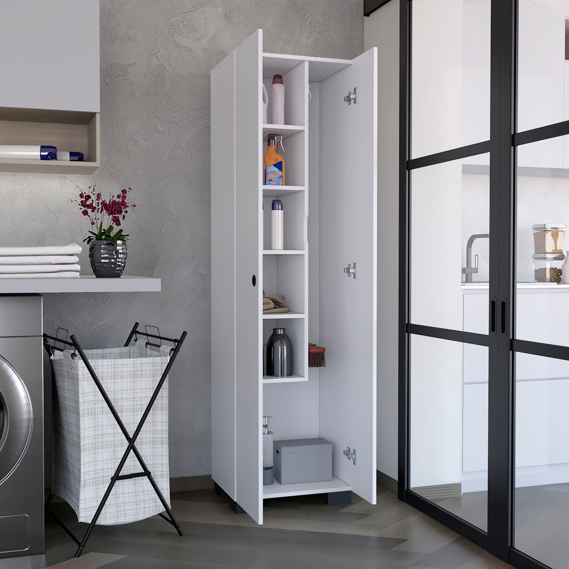 Lake Broom Cabinet Slim Design Storage Solution With Inner Shelves And Side Broom Hangers White White Particle Board