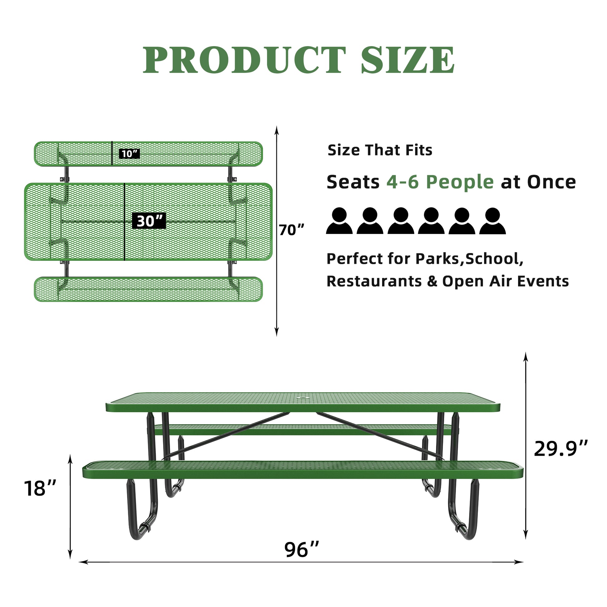 96" Expanded Metal Rectangular Picnic Table Set, Green No Complete Patio Set Green Seats 6 Rust Resistant Frame Garden & Outdoor Complete Patio Sets Steel Steel