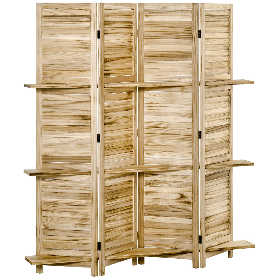 Homcom 4 Panel Folding Room Divider, 5.6 Ft Freestanding Paulownia Wood Privacy Screen Panel With Storage Shelves For Bedroom Or Office, Natural Wood Color Natural Wood Wood
