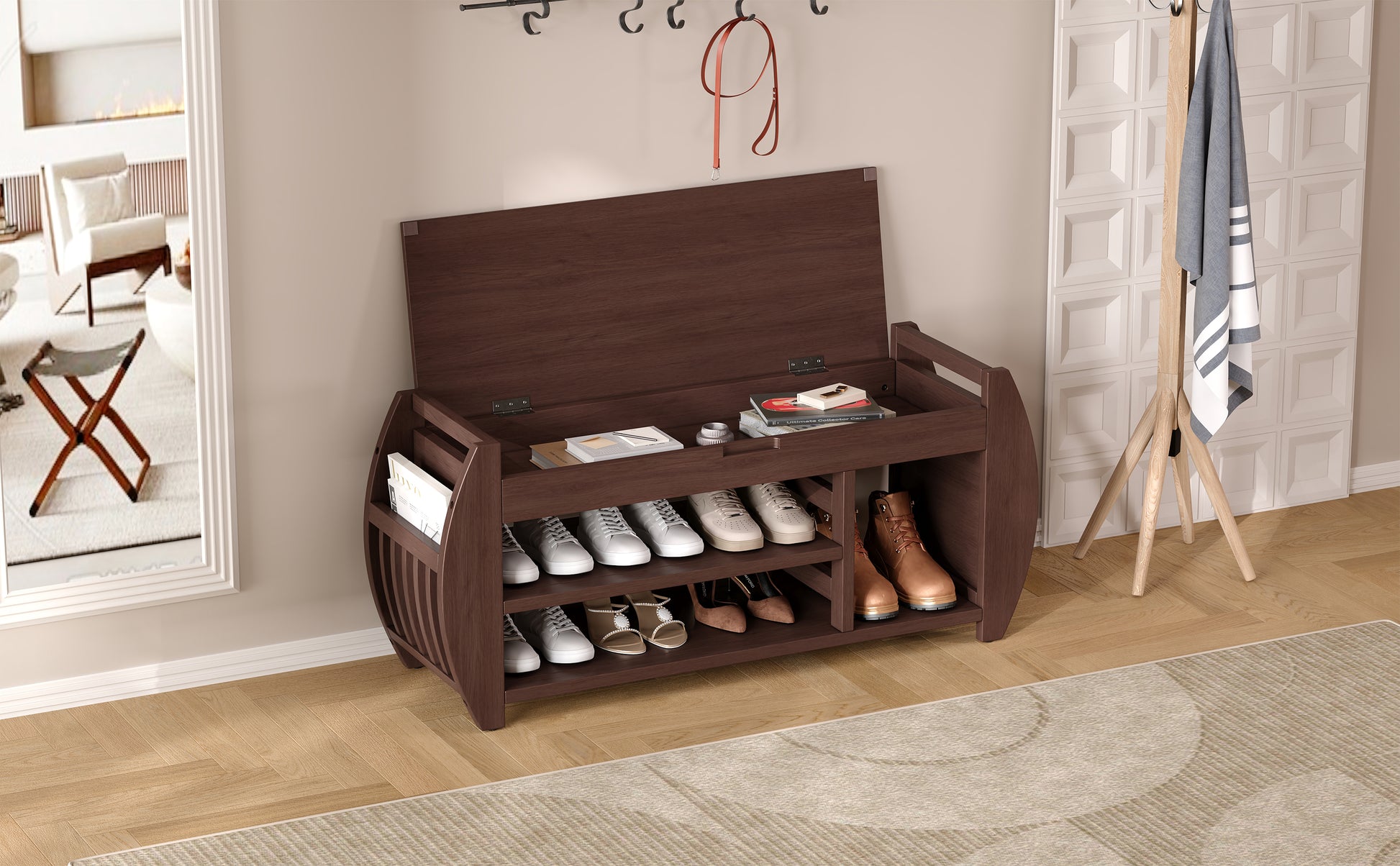 Retro Multifunctional Storage Bench With Cushion And Curved Side Panel For Entrance And Living Room Espresso Espresso Mdf