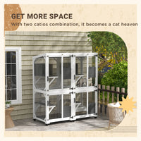 Pawhut Wooden Catio With Waterproof Roof, Large Cat House With High Up Resting Box, Indoor & Outdoor Cat Enclosure With Wheels, For 1 3 Cats, White White Wood