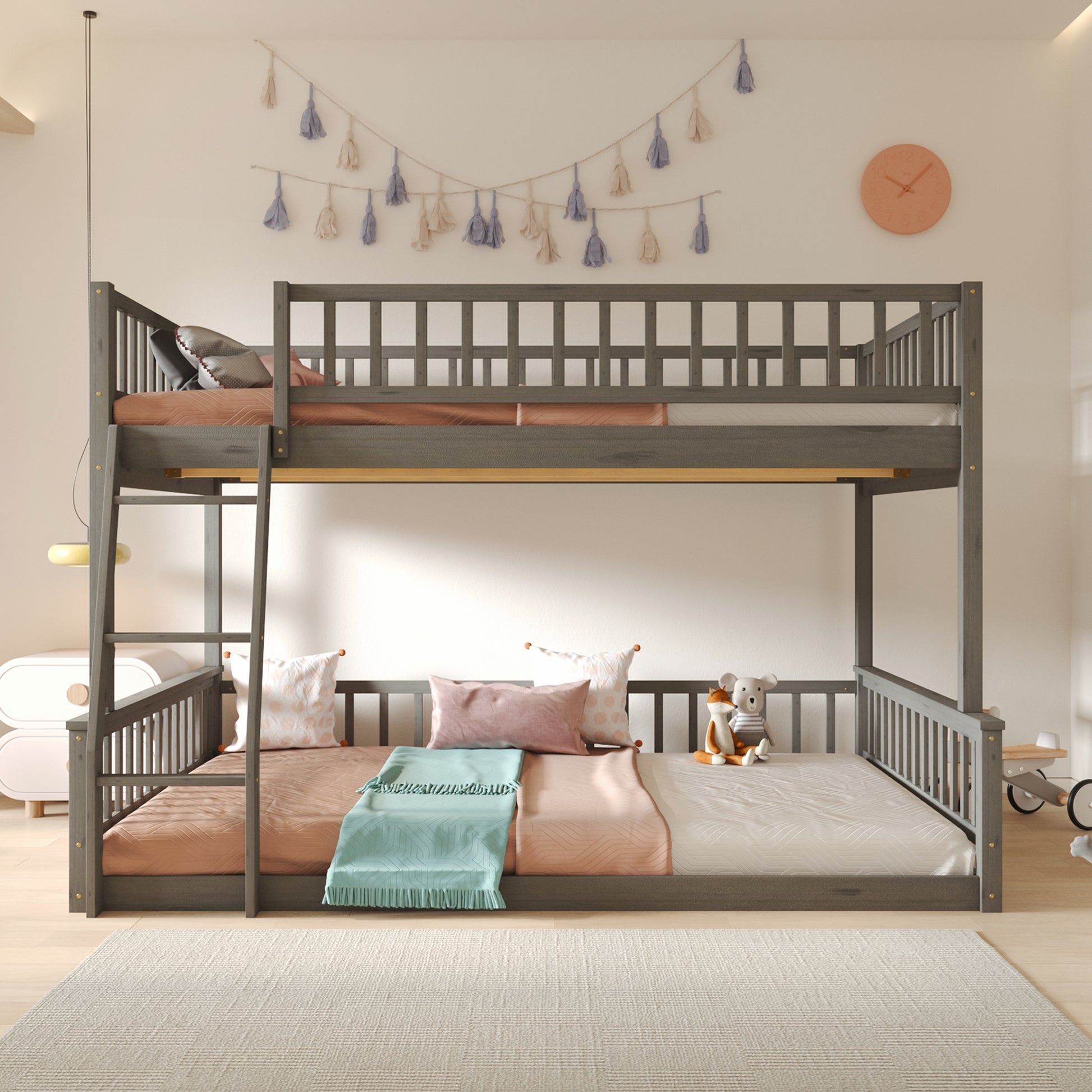 Full Xl Over Queen Bunk Bed With Ladder And Guardrails, Gray Box Spring Not Required Queen Gray Wood Bunk Solid Wood Mdf