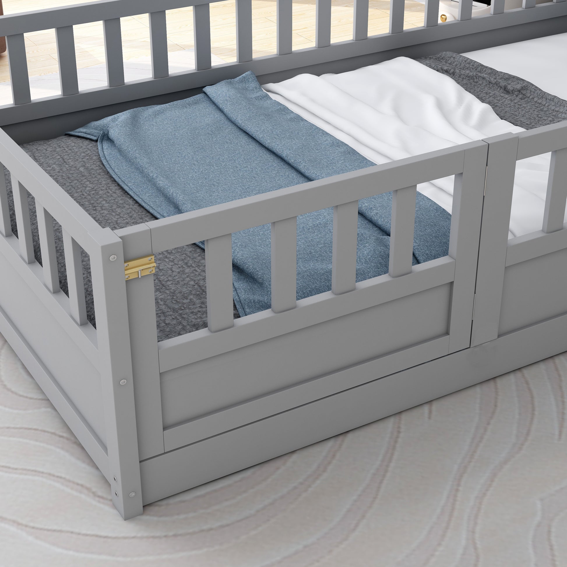 Twin Size Floor Bed, Integral Construction With Super High Security Barrier, Door, Children'S Floor Bed Frame, Montessori Wooden Children'S Floor Bed, Grey Box Spring Required Twin Grey Wood Brown