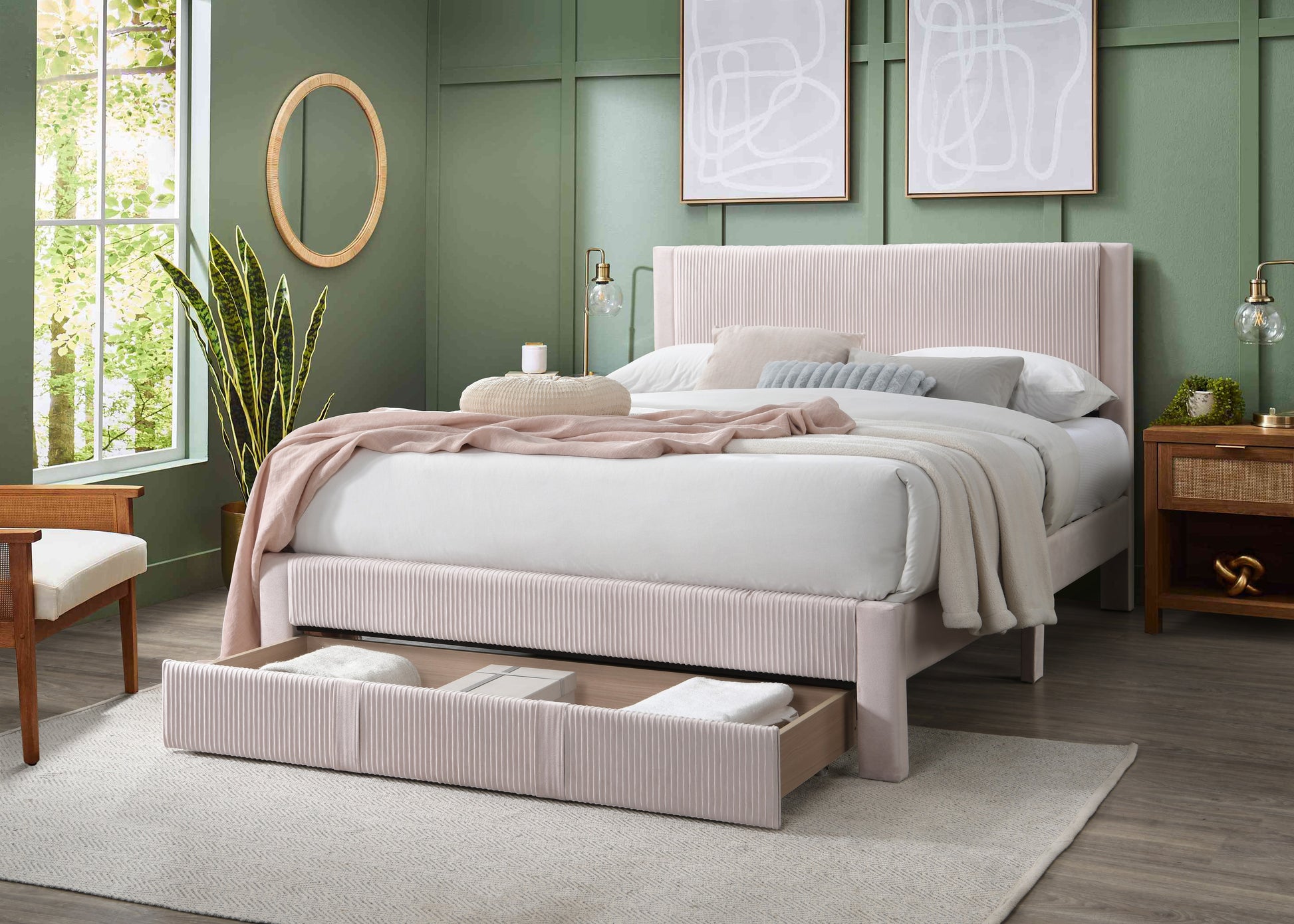 Contemporary 1Pc Queen Size Bed W Storage Drawer Light Pink Corduroy Texture Design Platform Bedframe Box Spring Not Required Queen Light Pink Wood Bedroom Contemporary,Modern Bed Frame Corduroy