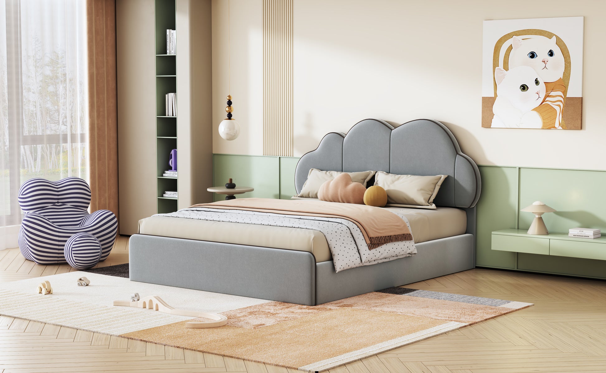 Queen Size Upholstered Platform Bed With Cloud Shaped Headboard, Gray Queen Gray Velvet