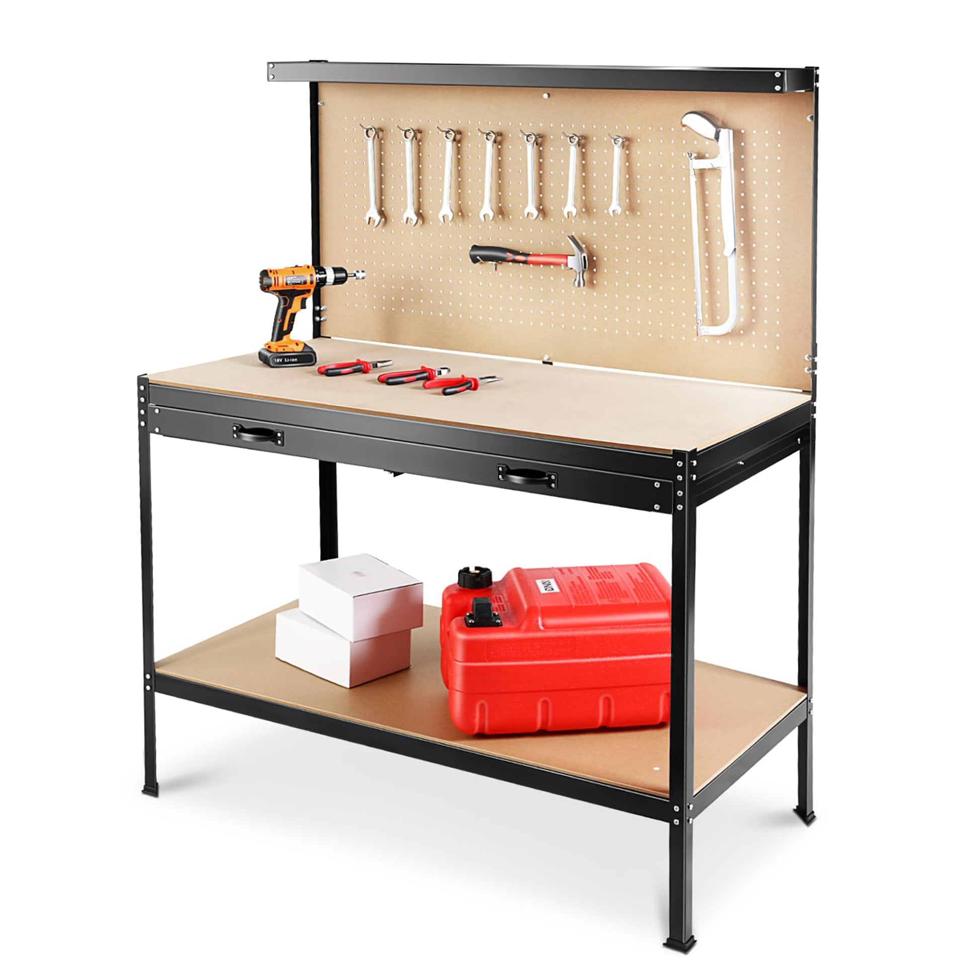 63" Tools Cabinet Working Tables Workbench Tool Storage Workshop Table With Drawers And Pegboard Black Steel