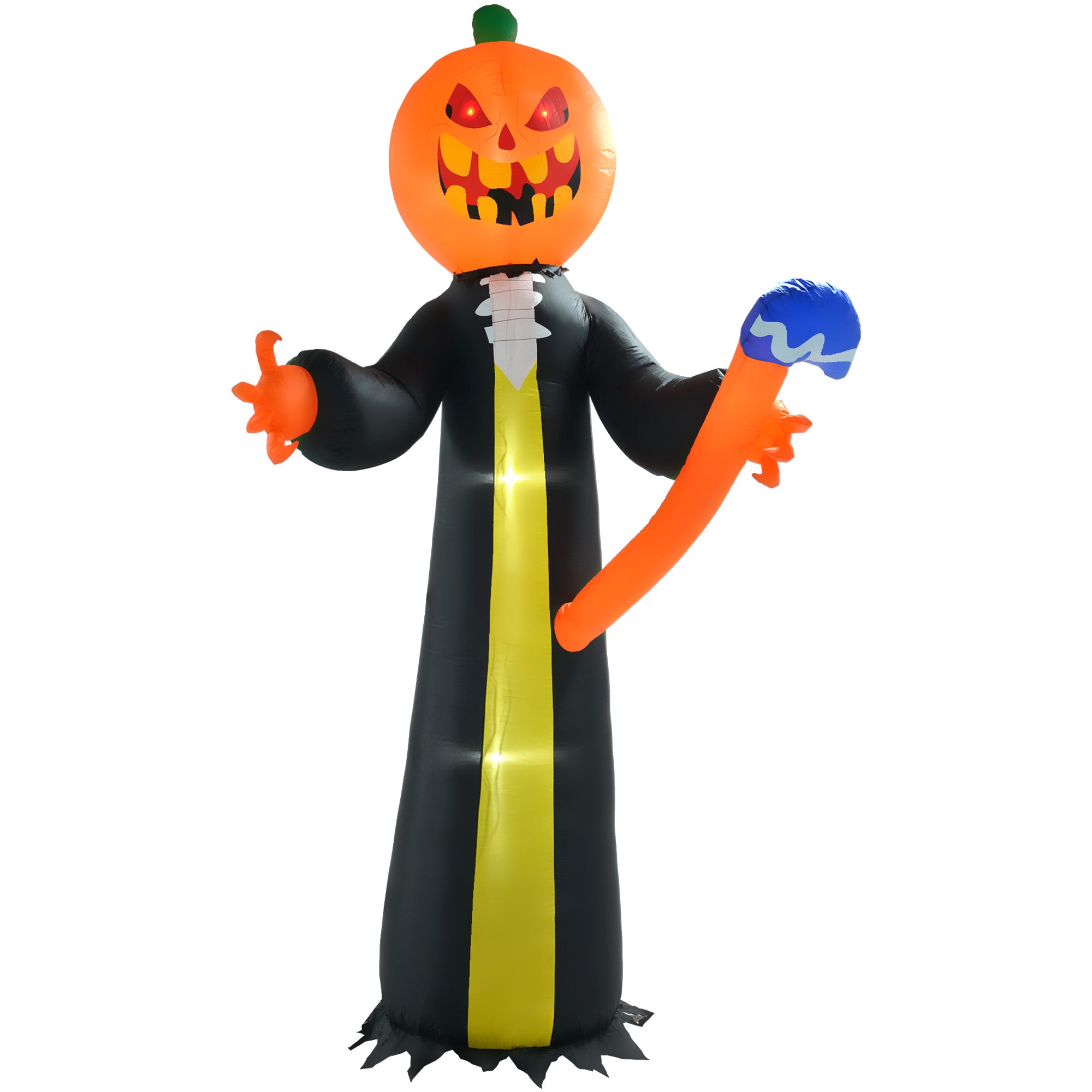 Outsunny 10Ft Inflatable Halloween Pumpkin Head Ghost With Hammer, Blow Up Halloween Decoration Outdoor Led Yard Display, Waterproof Black Polyester