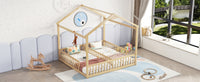 Double Twin House Style Floor Bed With Fence, Guardrails, Without Door, Natural Twin Natural American Design Pine