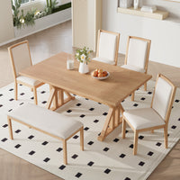 Farmhouse Classical 6 Piece Dining Table Set With Trestle Legs,Kitchen Table Set For 6 With 4 Upholstered Dining Chairs And Bench, Natural Wood Dining Room Solid Wood Rubberwood Rectangular Dining Table With Chair And Bench Upholstered Chair Wood Natural