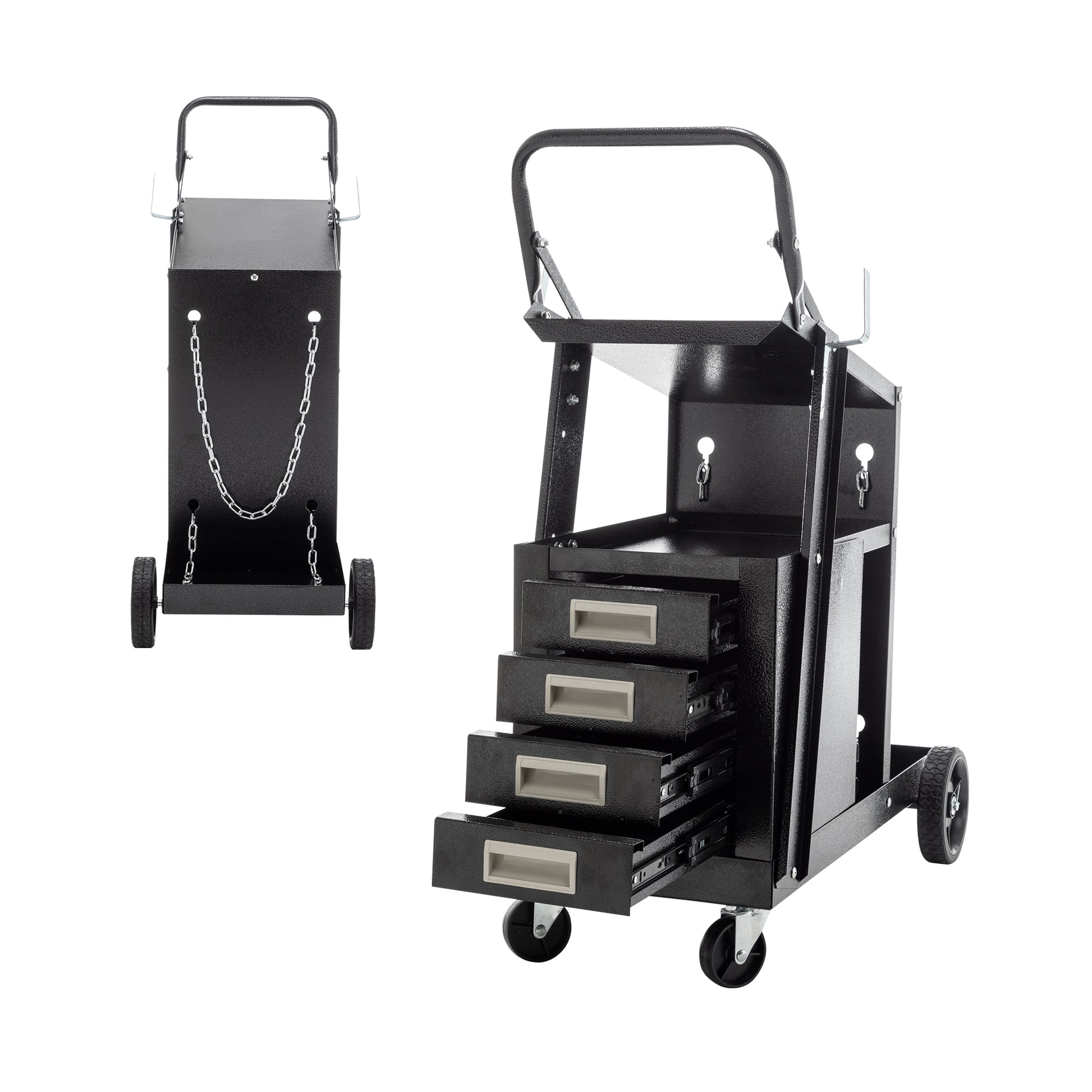 2 Tier 4 Drawers Welding Cart, Welder Cart With 265Lbs Static Weight Capacity, 360 Swivel Wheels, Tank Storage Safety Chains, Heavy Duty Rolling For Mig Welder And Plasma Cutter Black Metal