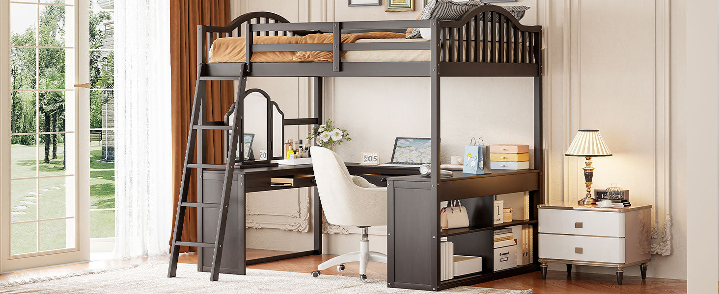 Full Wooden Loft Bed With U Shaped Desk,Storage Compartments And Tri Fold Mirror, Espresso Espresso Plywood,Solid Wood Mdf