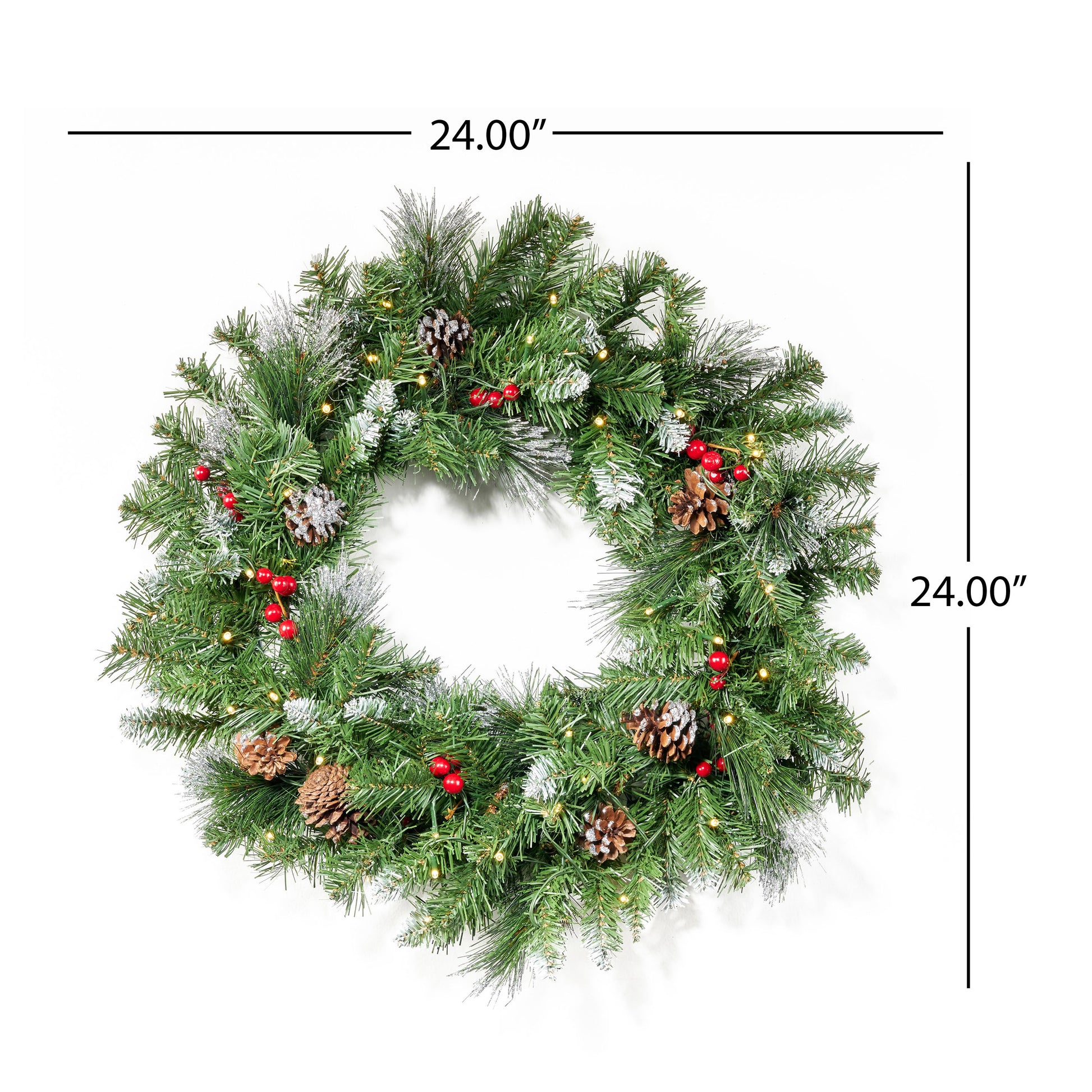 2 Packed 24'' Glitter Bristle Mixed Wreath With With 9 Red Berry And 9 Pine Cones And 50 Warm White Led Lights With Timer Battery Operated Outdoor, 150 Tips Green Pvc