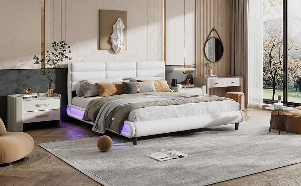 King Size Upholstered Platform Bed With Led Light Strips,White King White Upholstered