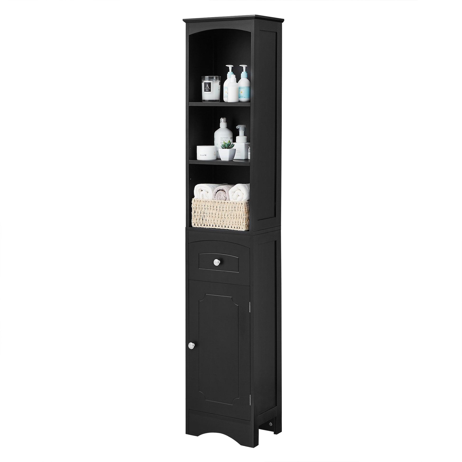 Tall Bathroom Cabinet, Freestanding Storage Cabinet With Drawer, Mdf Board, Adjustable Shelf, Black Black Mdf