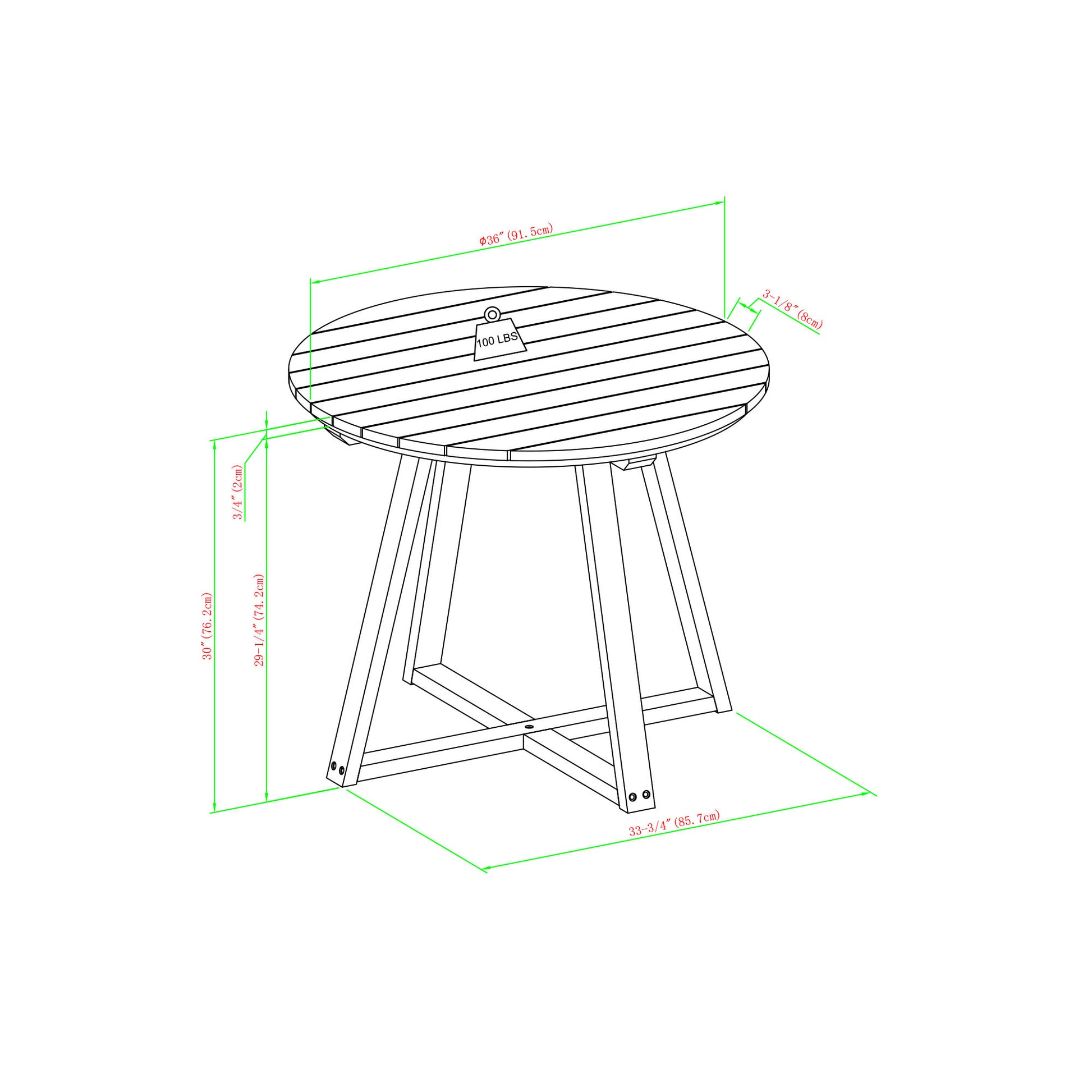 Contemporary Solid Wood Slat Top Round Patio Dining Table Black Wash Brown Wood Acacia Wood