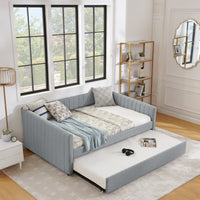 Full Size Daybed With Trundle Upholstered Sofa Bed, With Vertical Stripes, Linen Fabric, Grey 82.5"X58"X30" Grey Linen