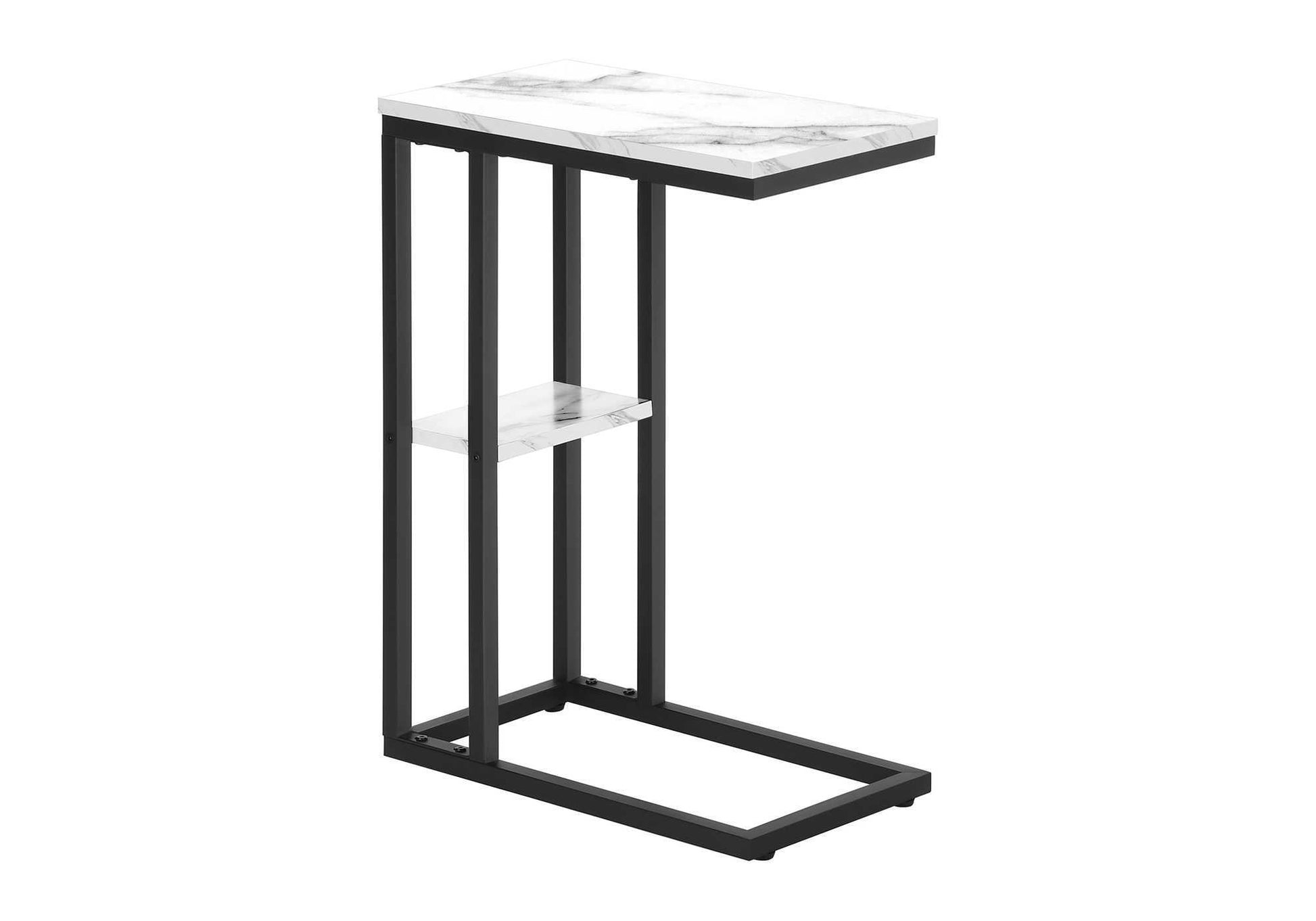 Accent Table, C Shaped, End, Side, Snack, Living Room, Bedroom, White Marble Look Laminate, Black Metal, Contemporary, Modern White Particle Board