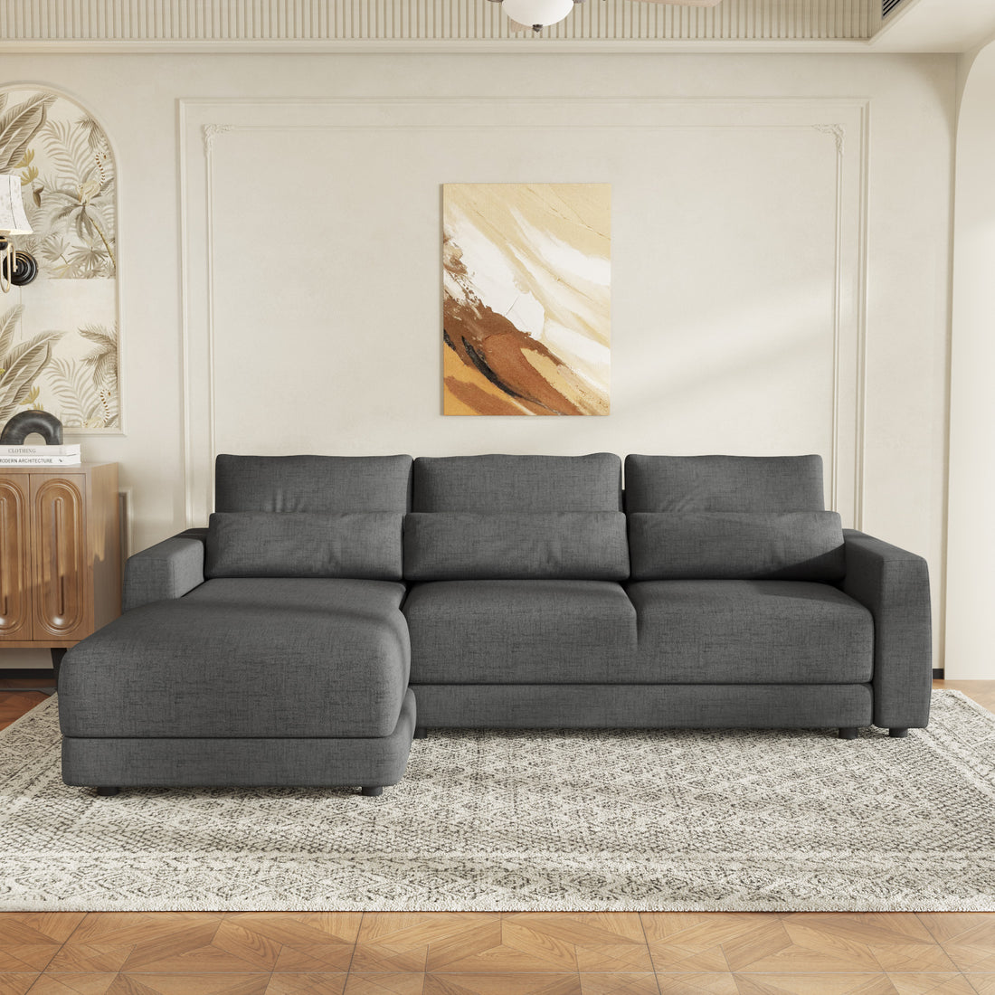 L Shaped Modular Sectional Sofa With Removable Back Cushions And 3 Pillows, Suitable For Living Rooms, Offices, And Apartments Gray Wood Linen 3 Seat