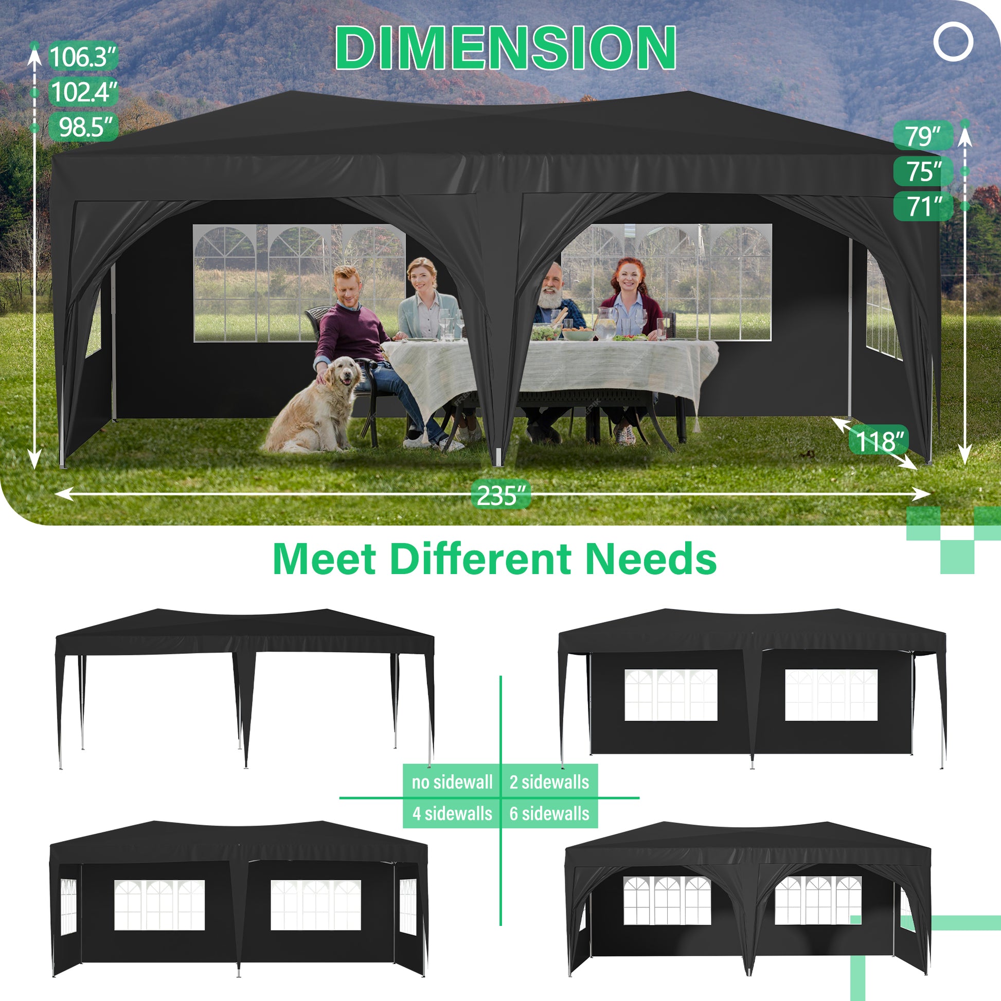 10'X20' Pop Up Canopy Tent With 6 Sidewalls, Ez Pop Up Outdoor Canopy For Parties, Waterproof Commercial Tent With 3 Adjustable Heights, Carry Bag, 6 Sand Bags, 6 Ropes And 12 Stakes, Black Black Metal