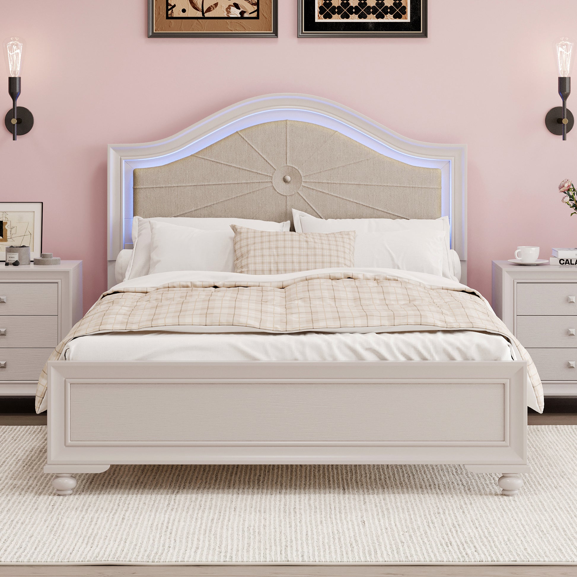 Modern Queen Size Wood Bed With Hidden Led Light Upholstered Curved Headboard, No Box Spring Needed, Cream Grey Queen Cream Grey Upholstered,Wood