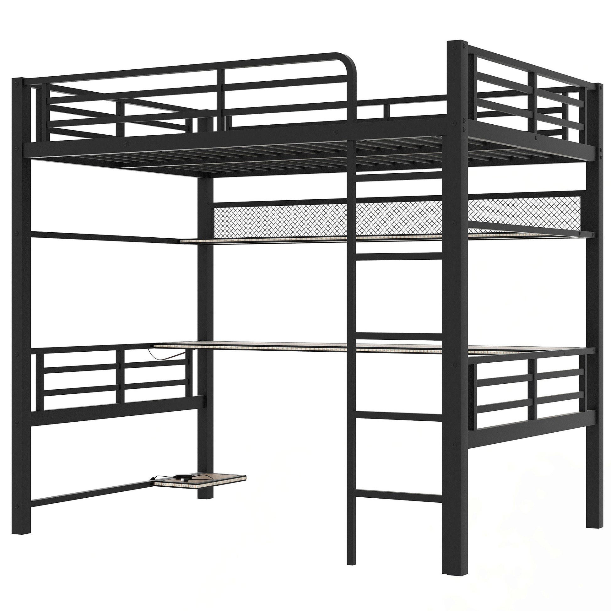 Full Size Metal Loft Bed Frame With Storage Shelf And Led Light,Iron Mesh,Black Expected Arrival Time:10.10 Black Metal