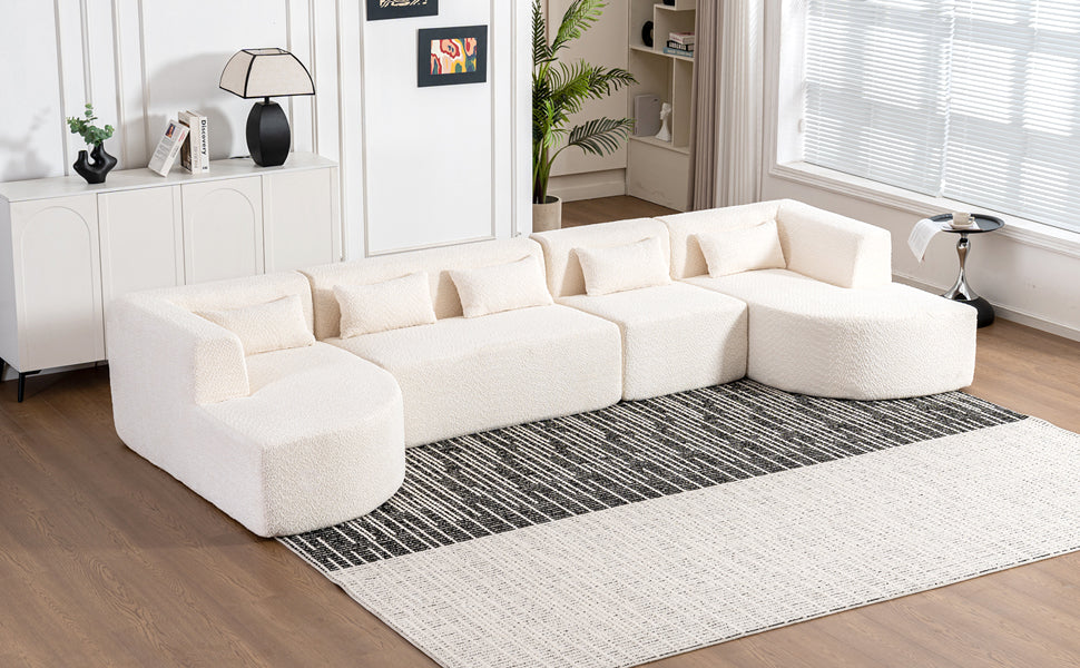 143.7" Upholstered Sofa Free Combined Sofa Couch With Two Chaise Lounge And Five Back Pillows For Living Room, Beige Beige Foam Polyester 5 Seat