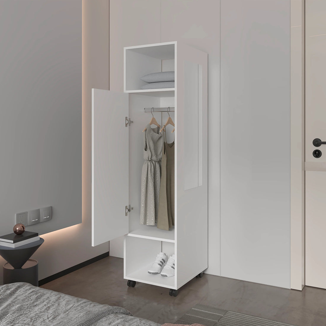 White 1 Door Wardrobe With Mirror And Open Storage White Particle Board Melamine