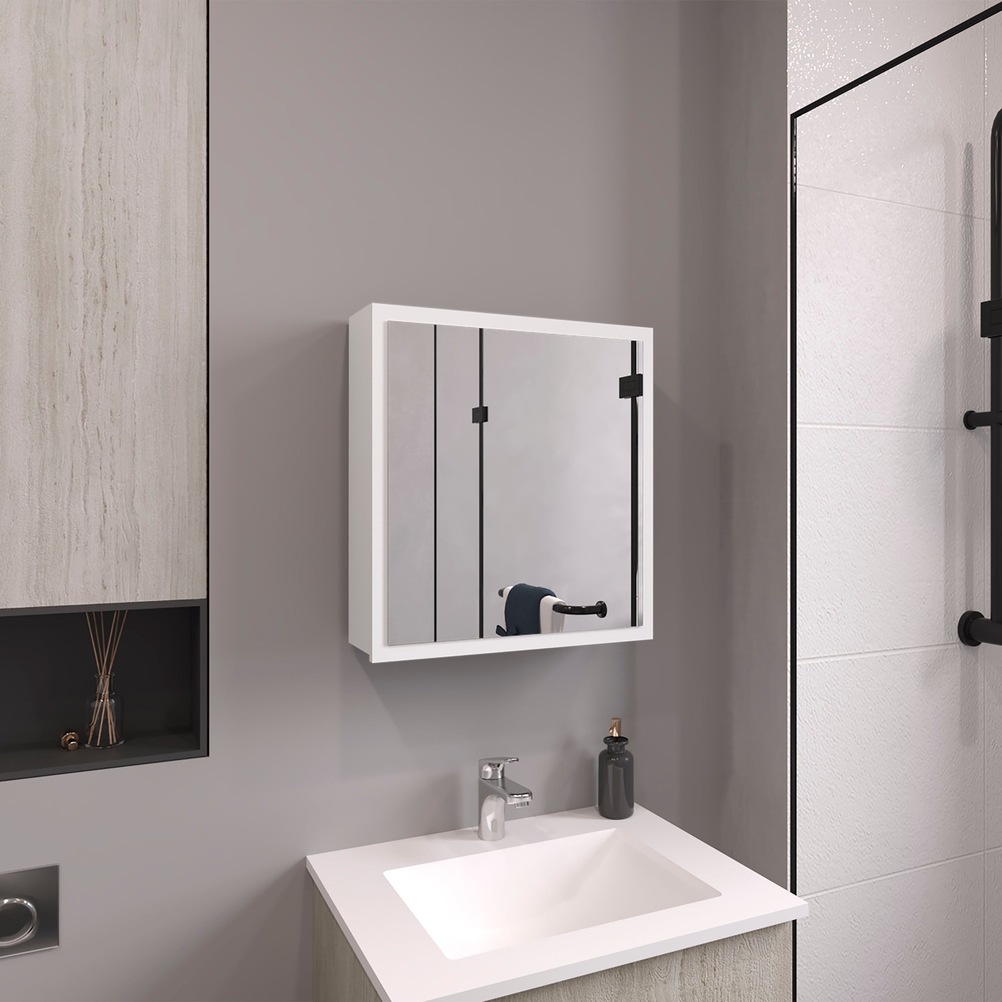 Duma 21.1" H X 19.7" W Mirror Medicine Cabinet, One Door With Four Interior Shelves For Bathroom, Kitchen White White Particle Board