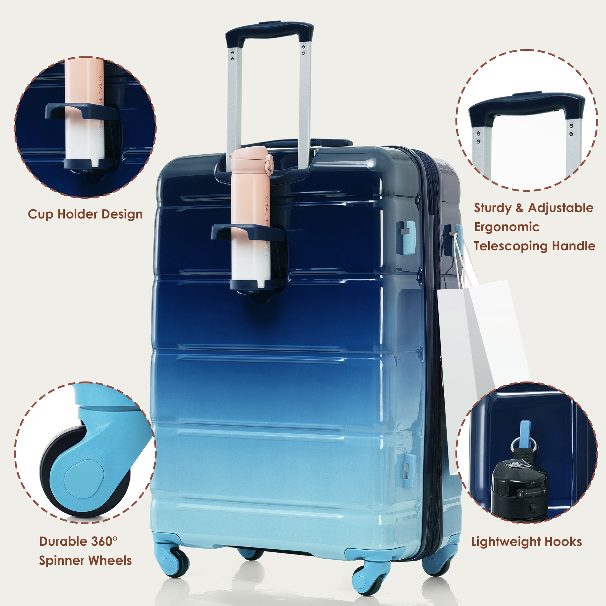 Luggage Sets 4 Piece, 20 Inch With Usb Port, Expandable Abs Durable Suitcase With Travel Bag, Cup Holder, Abs Pc Hard Shell Luggage With Spinner Wheels, Gradient Blue Blue Abs Pc