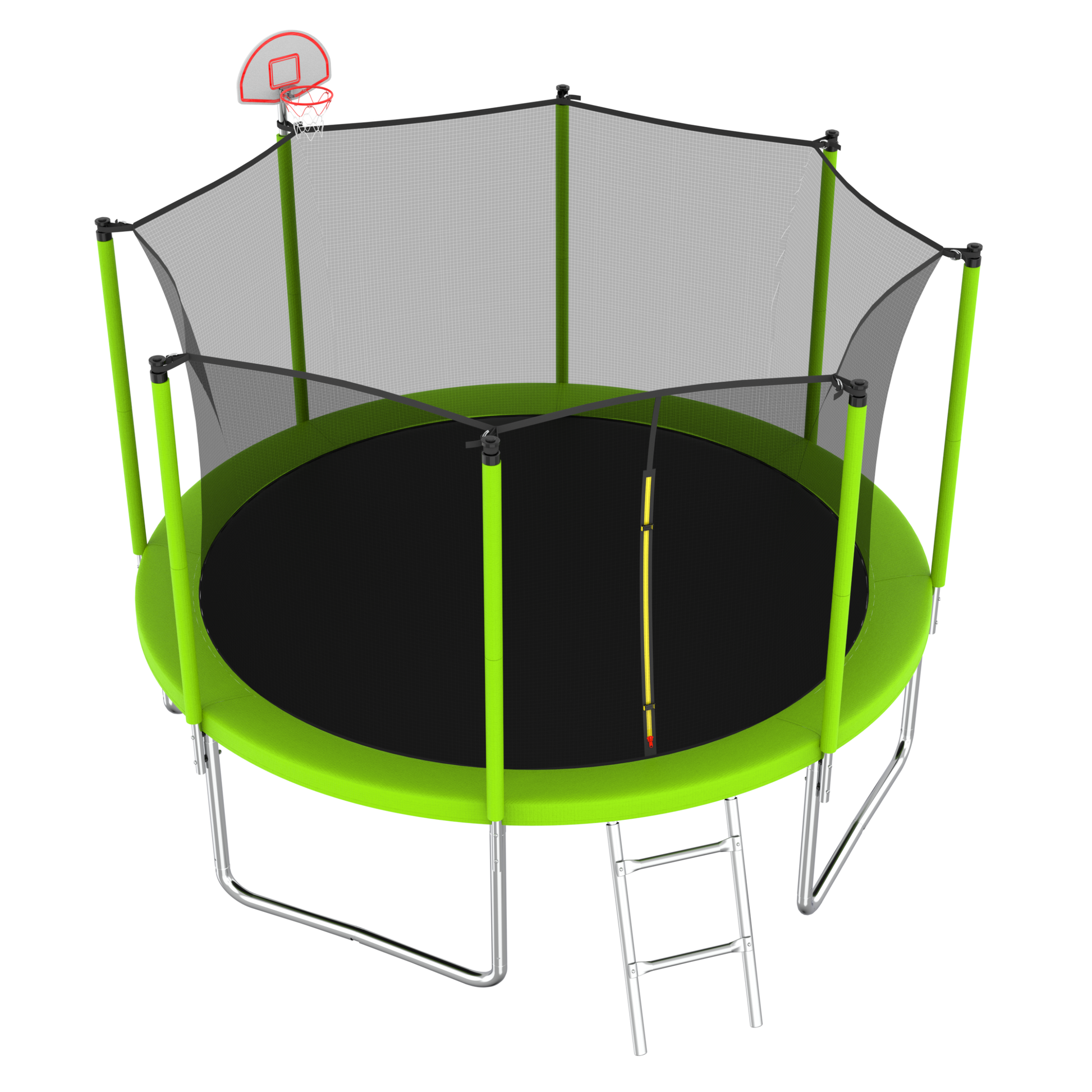 12Ft Trampoline Green For Kids & Adults With Basketball Hoop And Ball ,Recreational Trampolines With Safety Enclosure For Back Yard Outdoor Green Metal